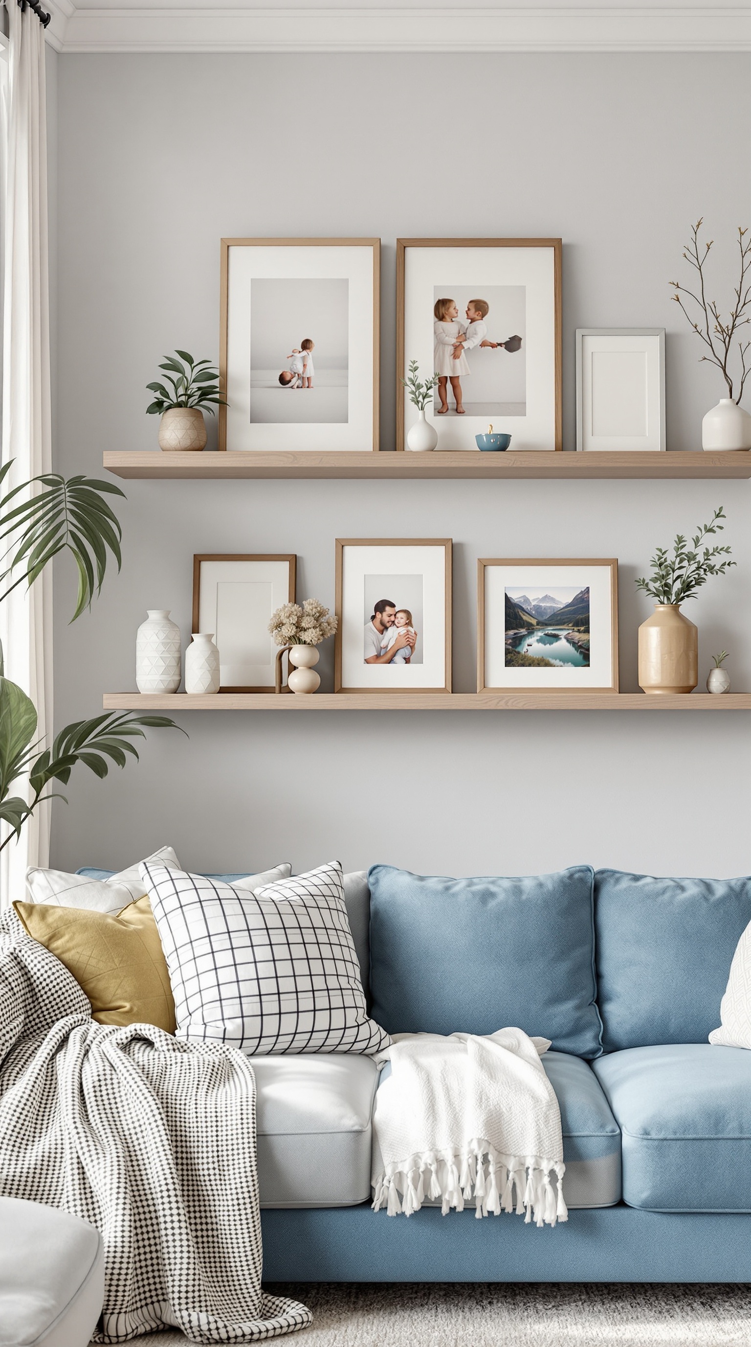A cozy living room with a blue couch, decorative pillows, and a wall shelf displaying family photos and plants.