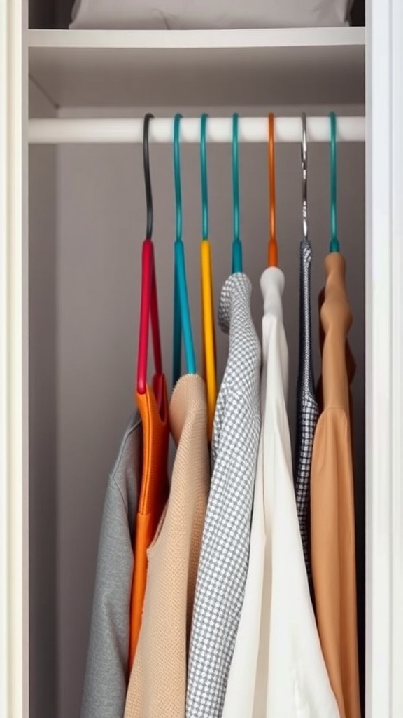 Colorful slim hangers holding various clothing items in a small closet