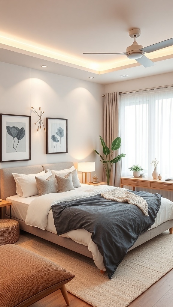 A cozy dark bedroom with smart technology features like a ceiling fan, soft lighting, and plants.