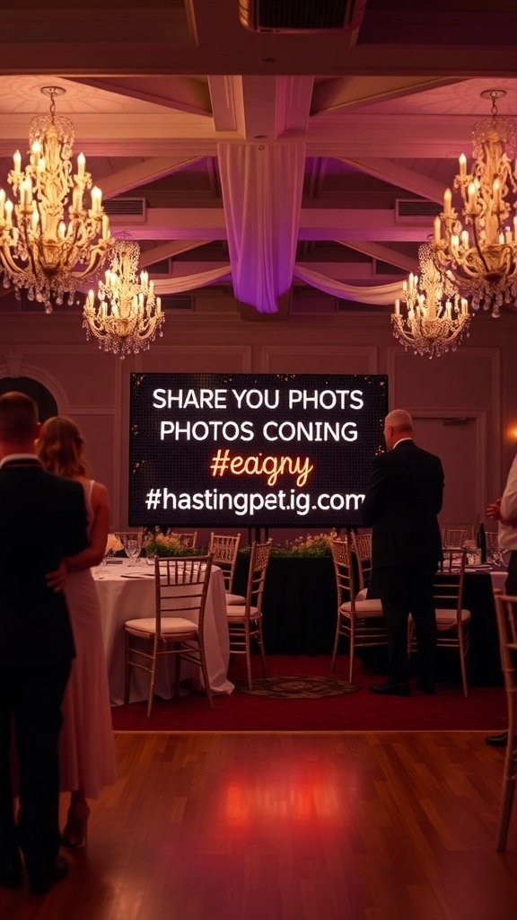 Wedding reception guests with a sign encouraging social media photo sharing