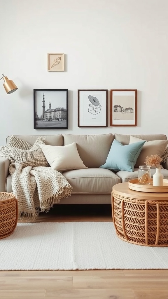 A cozy living room with a soft sofa, decorative pillows, and a knit throw blanket.
