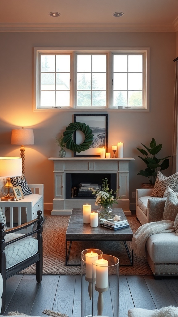 A cozy living room with soft lighting, featuring a lamp, candles, and large windows.