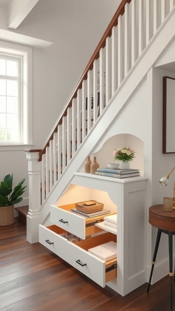Stylish storage unit under a staircase with drawers and decorative items