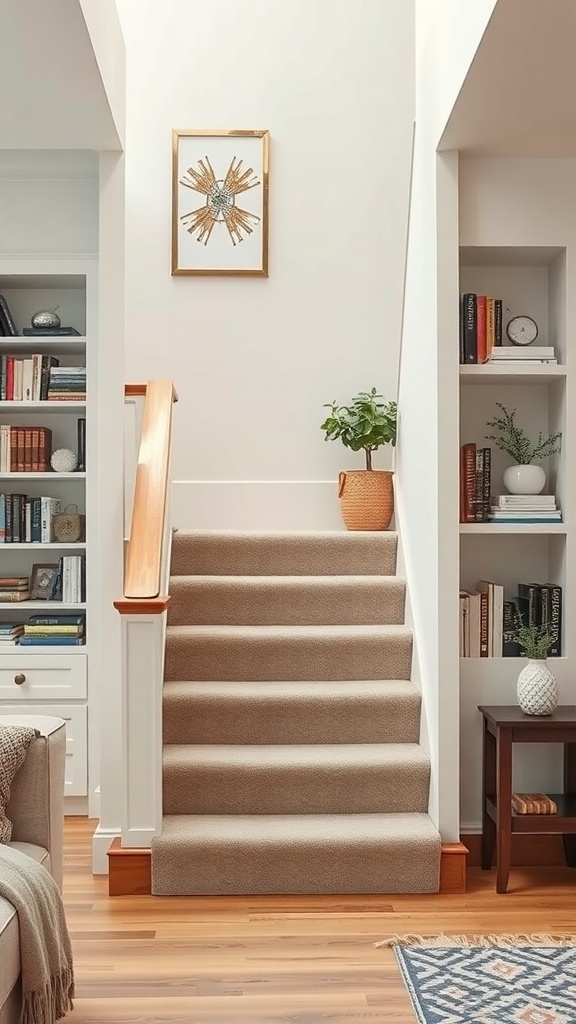 A cozy staircase with a plant and framed art, showcasing potential storage ideas.