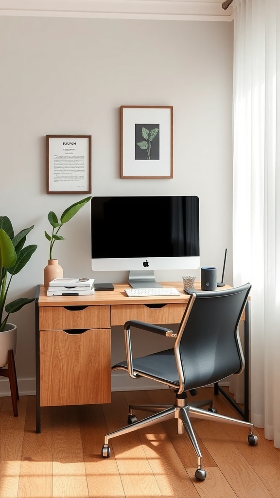 A modern small office setup with a computer, desk, chair, and plants.