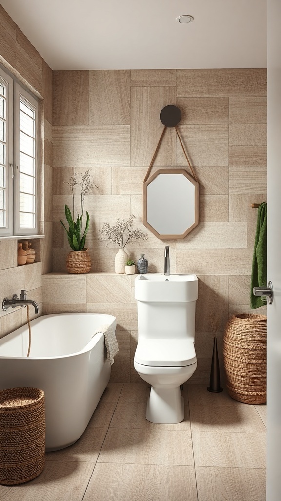 A small half bathroom featuring wood-like textured tiles, a white bathtub, and decorative woven baskets.