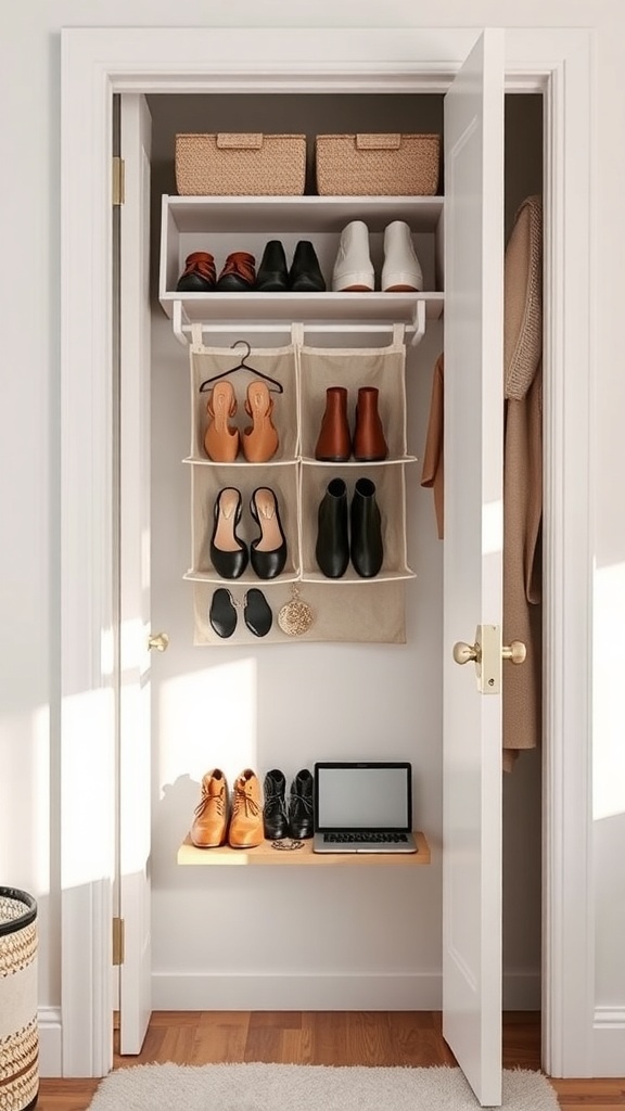 A well-organized closet door with shoe organizers and storage baskets
