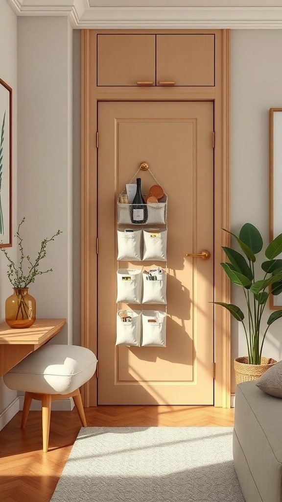 A wardrobe door with a hanging organizer featuring several pockets for storage.