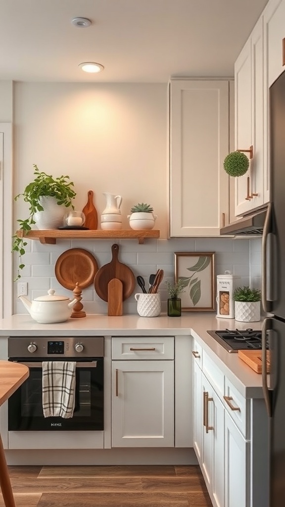 A small kitchen with a wooden shelf above the cabinets displaying plants and decorative items.