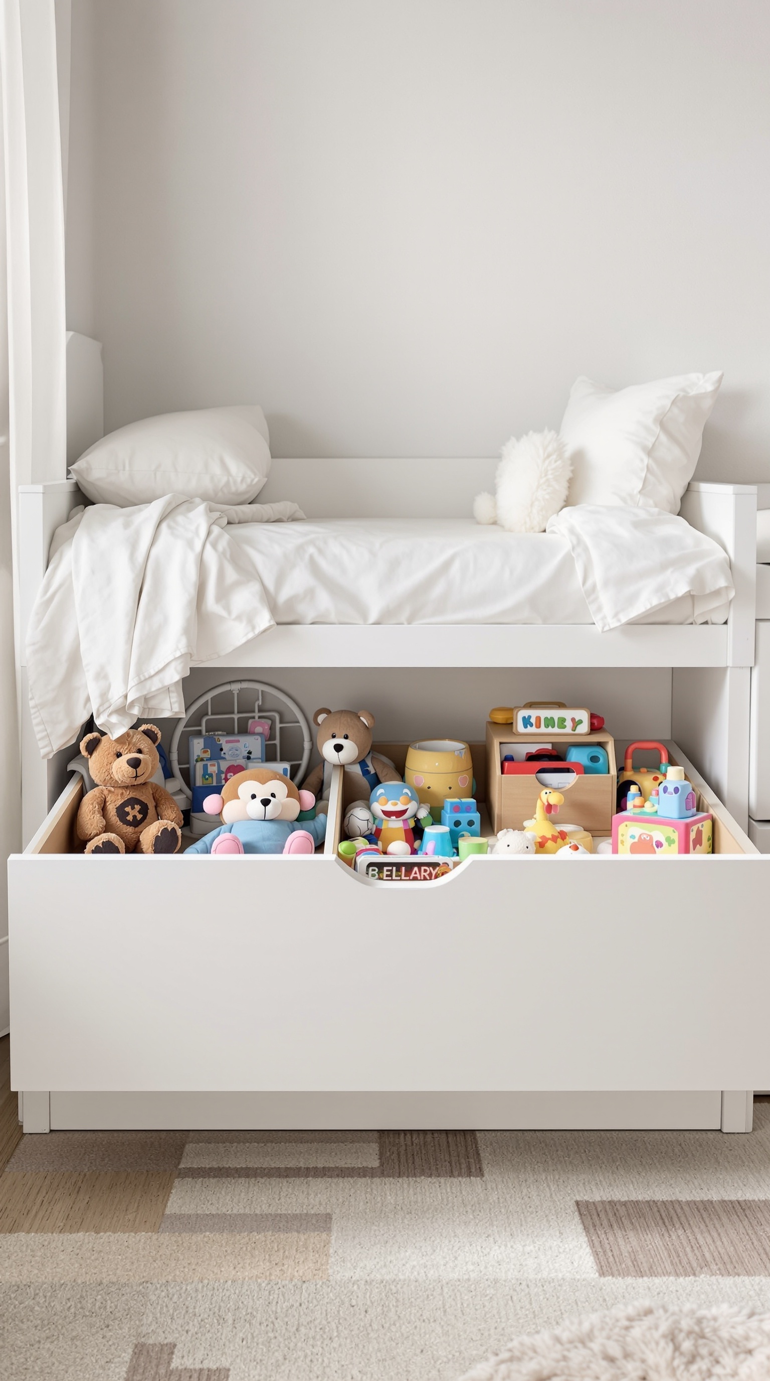 Under-bed storage with toys neatly organized in a drawer.