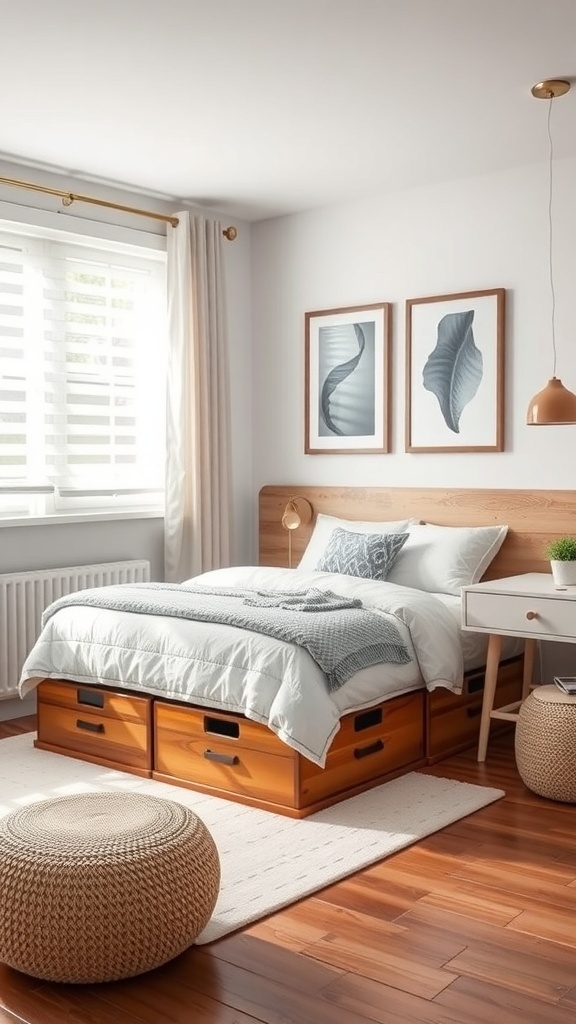A small teen bedroom featuring a bed with under-bed storage drawers, a cozy rug, and stylish decor.
