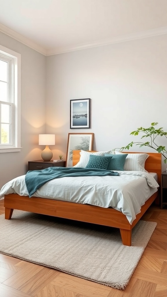 A cozy single bedroom featuring a wooden bed with a light blue bedding set, a nightstand, and a plant, showcasing a clean and organized space.
