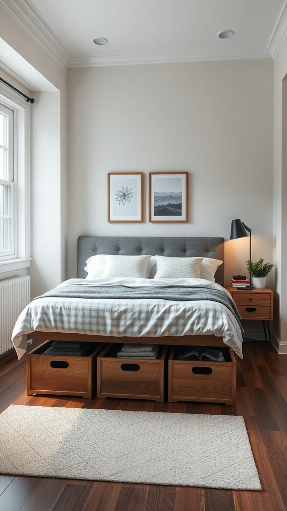 A cozy bedroom featuring a bed with under-bed storage drawers.