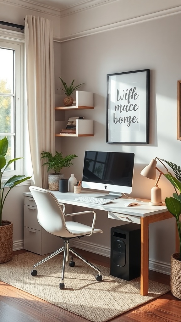 A modern small home office with a desk, computer, and under-desk storage solutions.