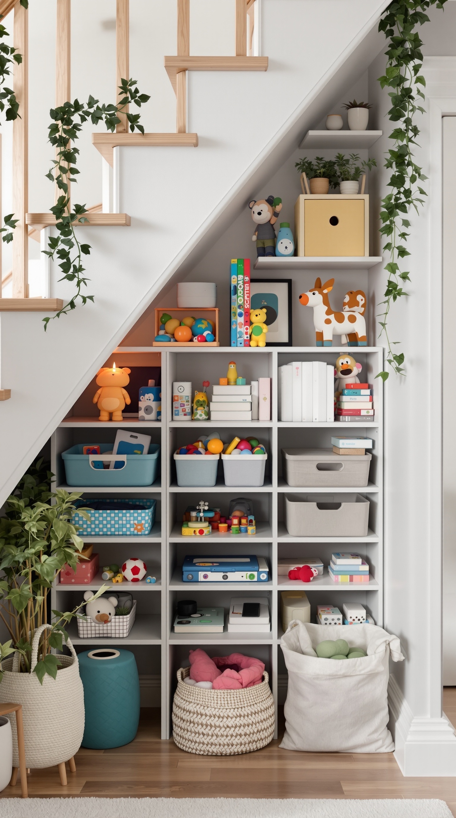A well-organized toy storage area under a staircase with colorful bins and shelves.