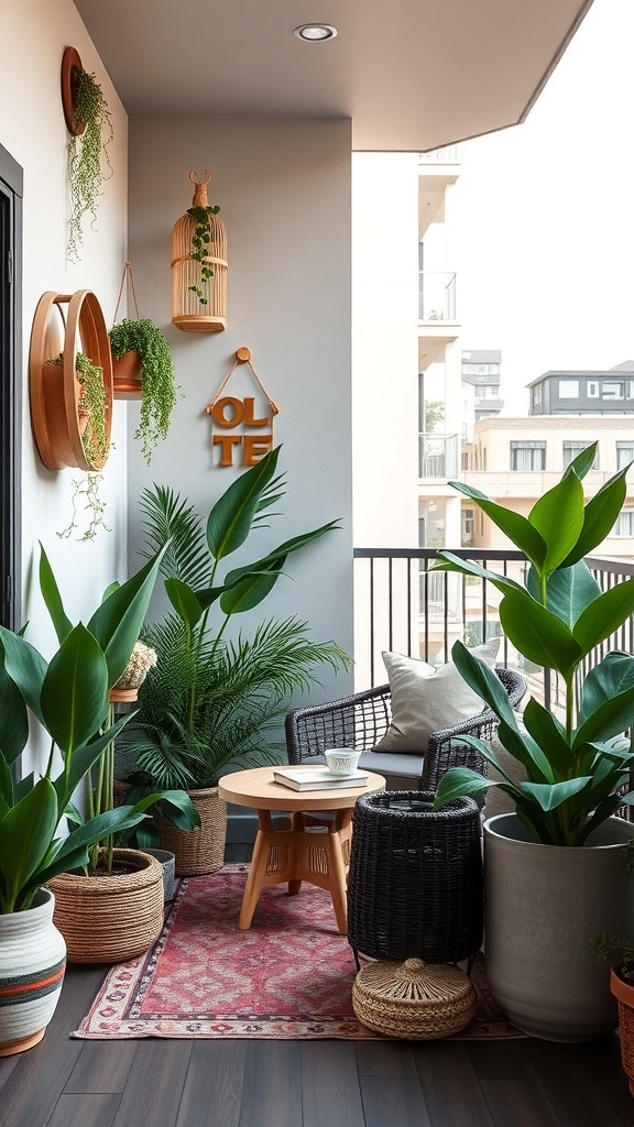 A cozy balcony with plants, a small table, and a comfortable chair, showcasing vertical decor.