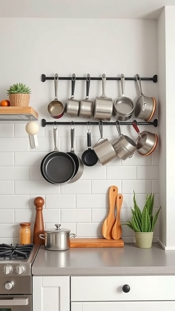 A modern kitchen with pots and pans hanging on a wall-mounted rack, showcasing vertical space utilization.