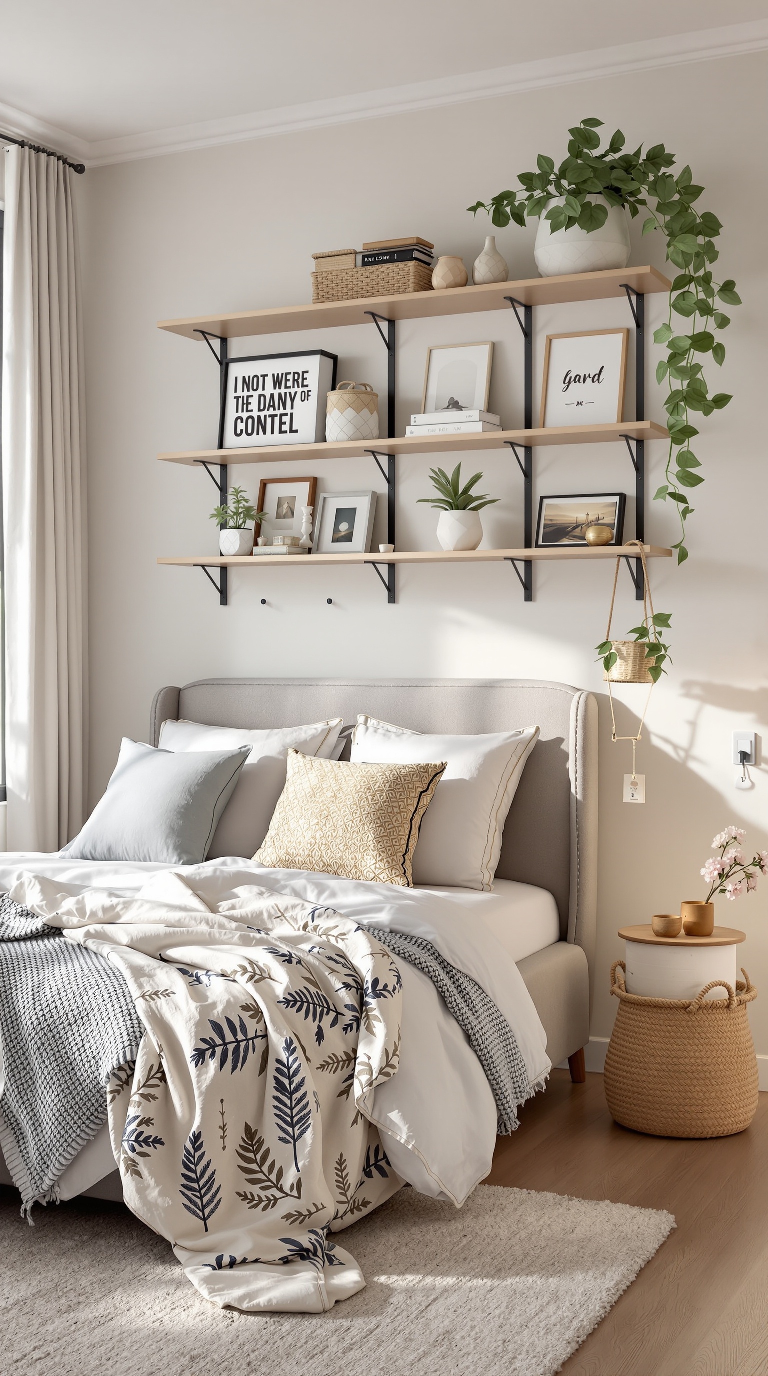 A shared bedroom for a boy and girl featuring organized vertical shelves with plants and decor.