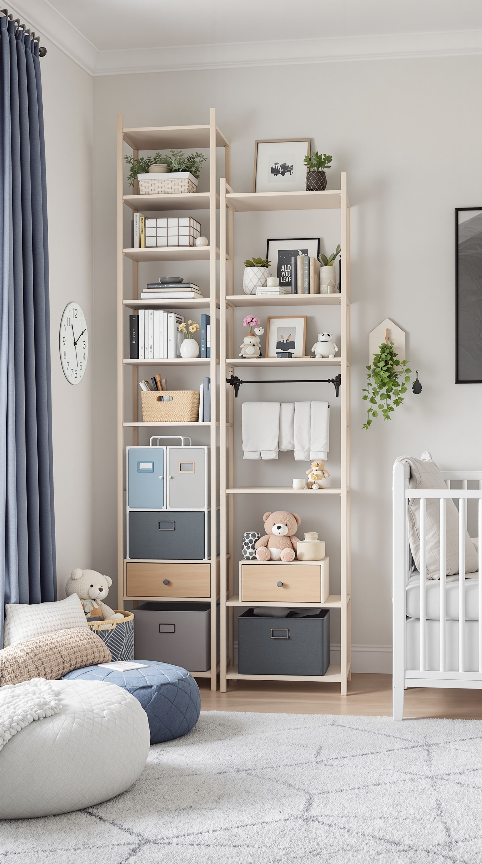 A well-organized baby room featuring a tall shelving unit with toys, books, and decorative items.