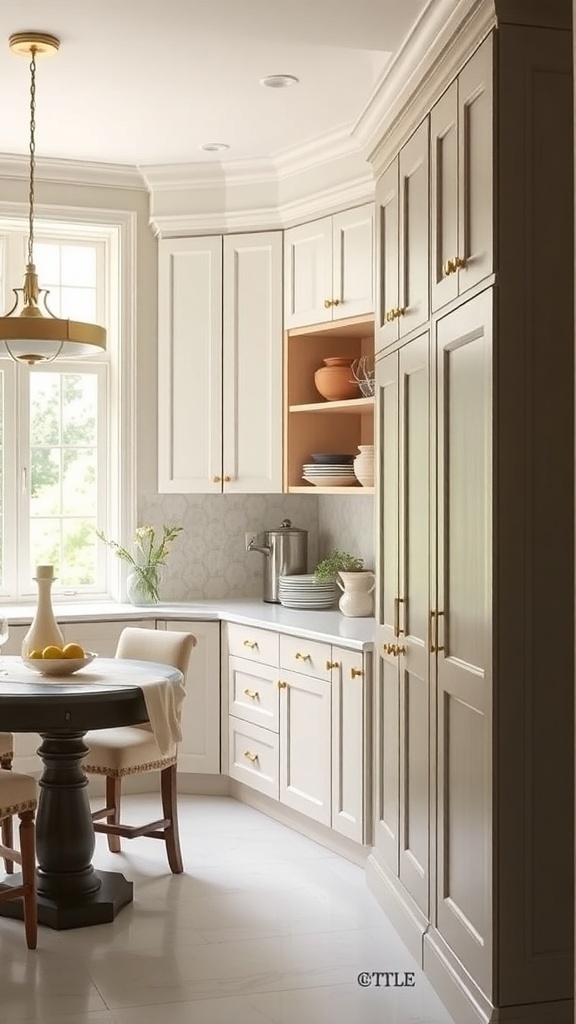 A stylish butler's pantry featuring tall cabinets and open shelves, maximizing vertical storage space.