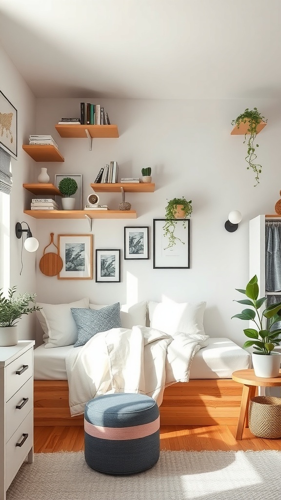Cozy dorm room with floating shelves, plants, and organized storage.