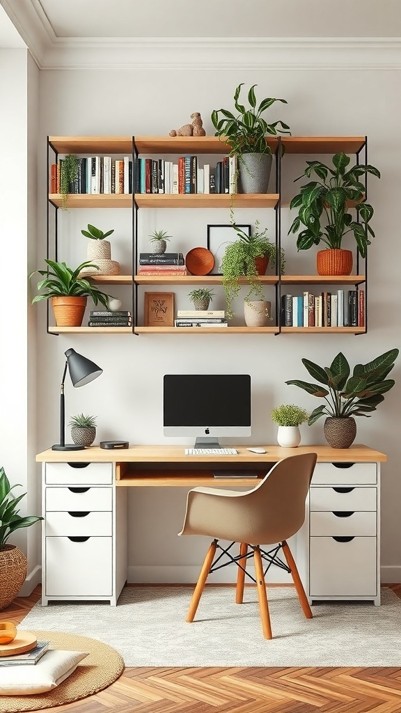 A modern home office featuring a desk, computer, and vertical shelves filled with books and plants.