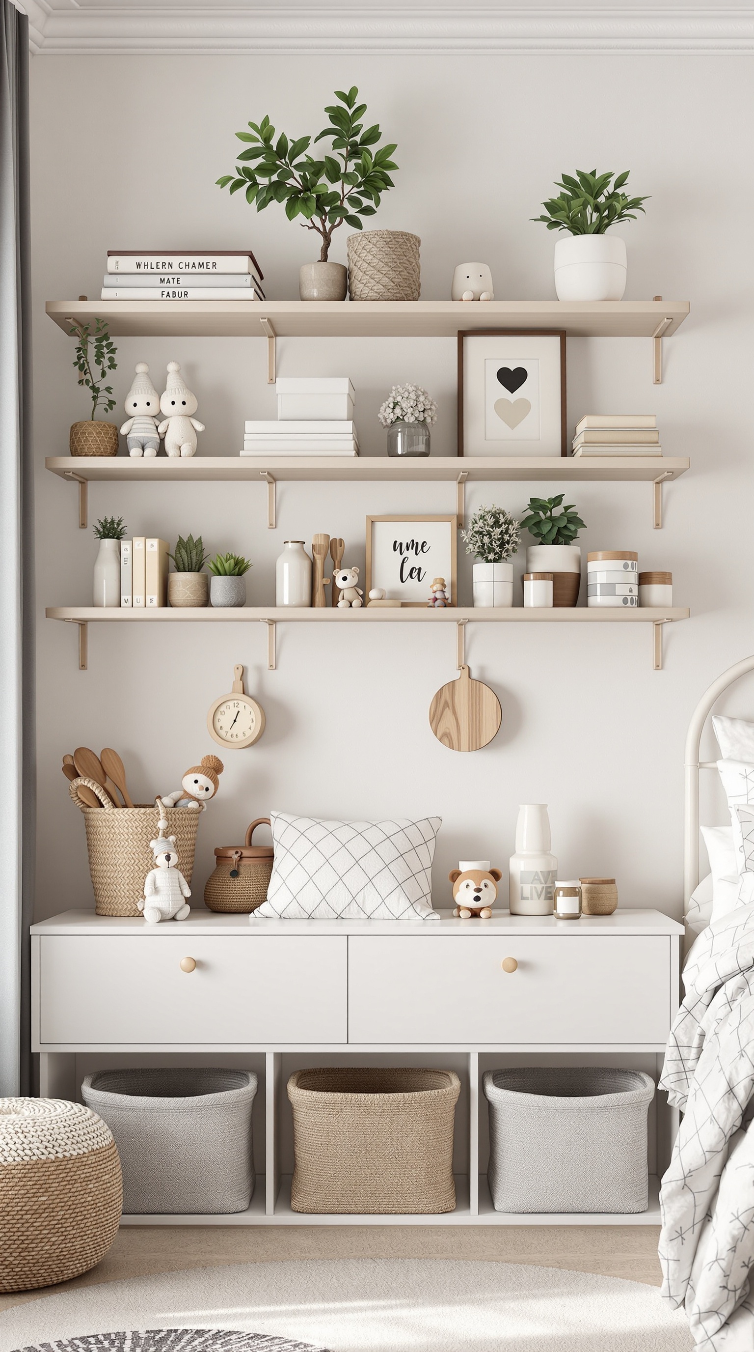 A well-organized toddler room with shelves and storage baskets
