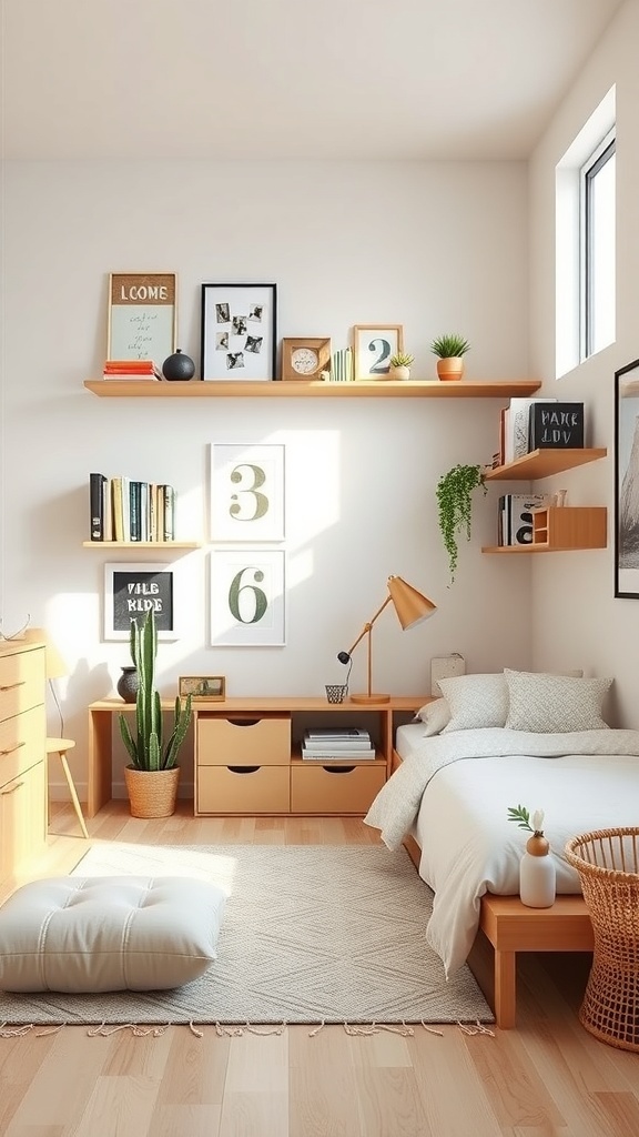 A bright teen bedroom featuring wall-mounted shelves with books, plants, and decorative items.