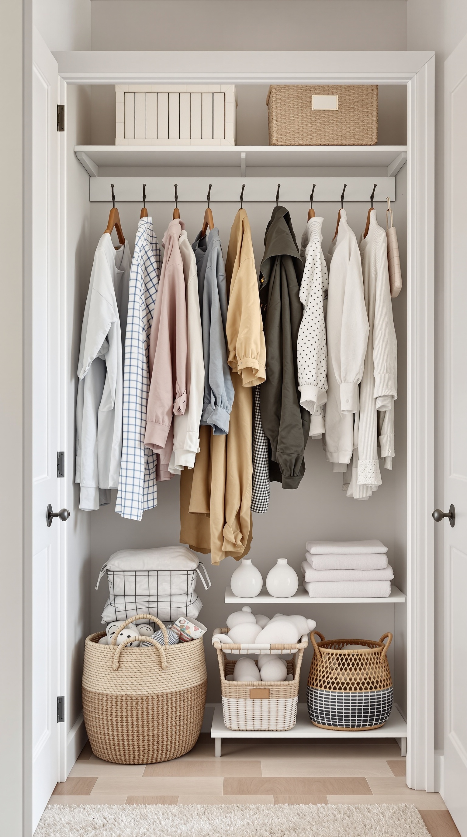 A well-organized baby room closet with clothes hanging on hooks and baskets on shelves.