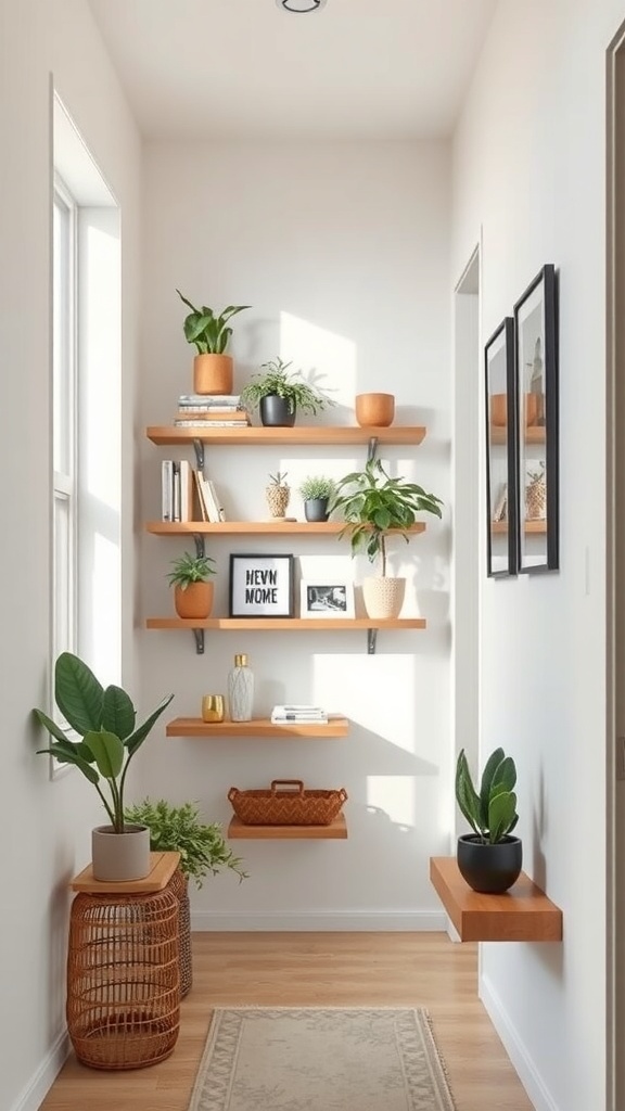 A narrow hallway featuring wooden shelves with plants and decorative items.