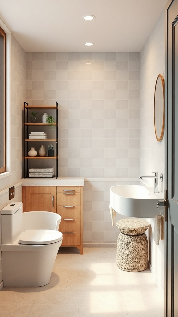 A small bathroom featuring open shelves with towels and plants, maximizing vertical space.