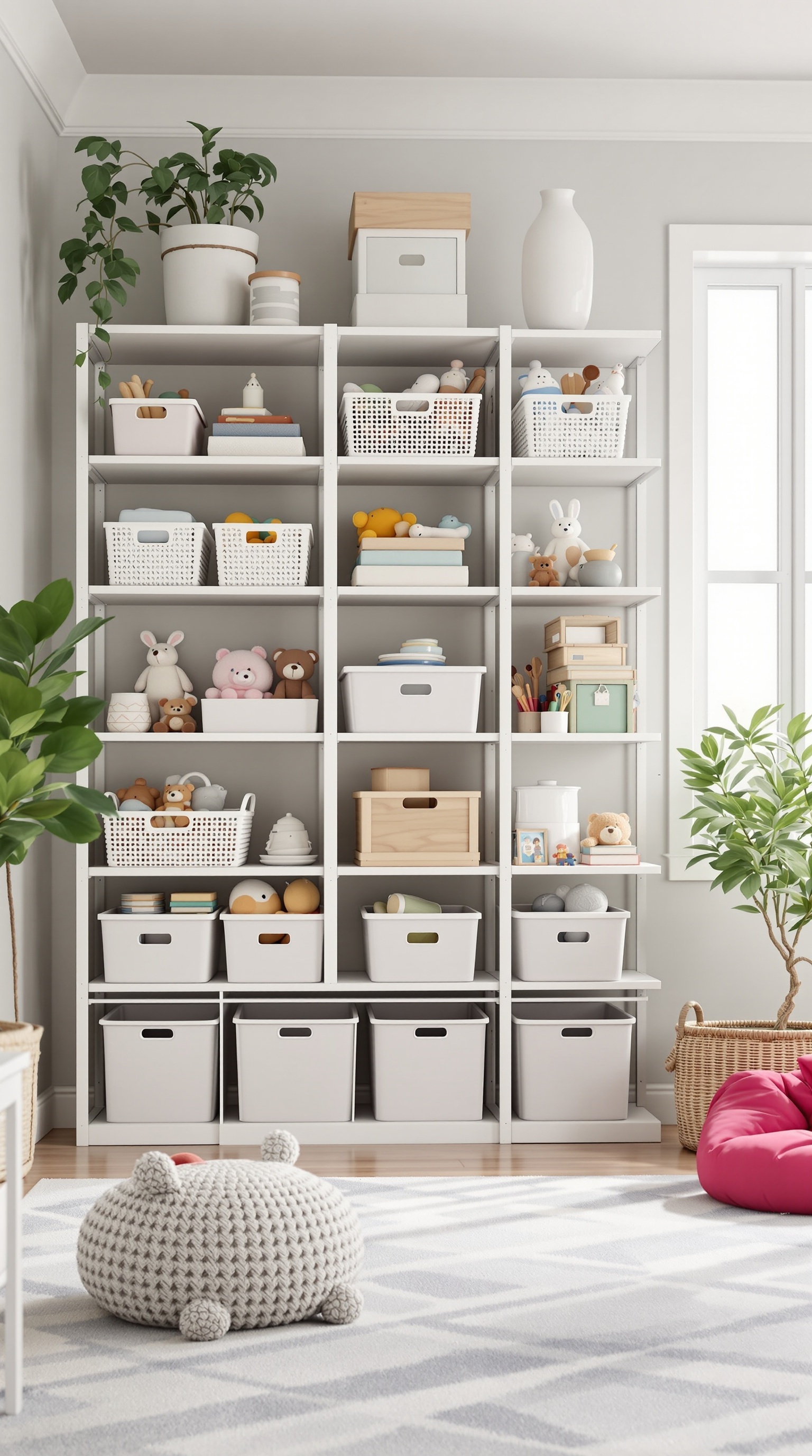 Organized toy room with a shelving unit filled with bins and toys.