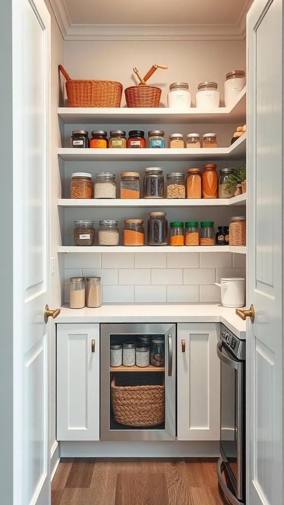 A small pantry with organized shelves displaying jars, spices, and baskets.