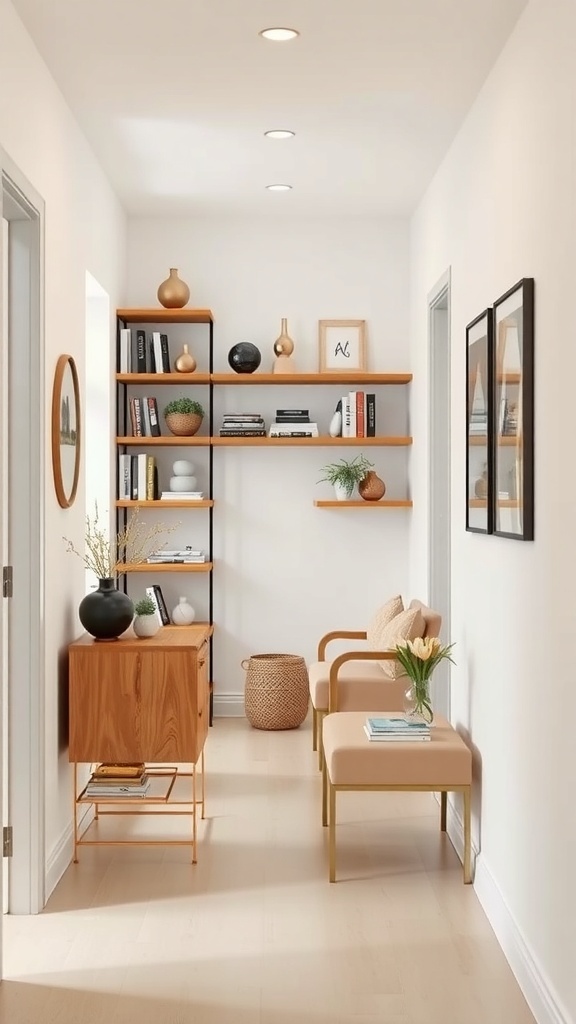 Stylish small hallway with vertical shelving and decorative items