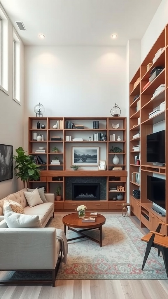 A narrow living room with tall wooden shelving, a cozy sofa, and a fireplace.