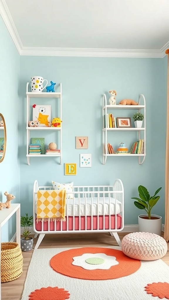 A small nursery with vertical shelving displaying toys and books, featuring a crib and colorful decor.