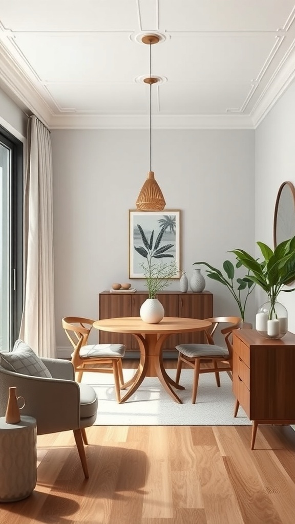 A small dining room featuring a round wooden table, tall furniture, and plants, creating a cozy and open atmosphere.