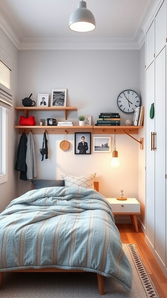 A small teen bedroom featuring a bed, wall-mounted shelves, and a closet, showcasing effective vertical storage solutions.