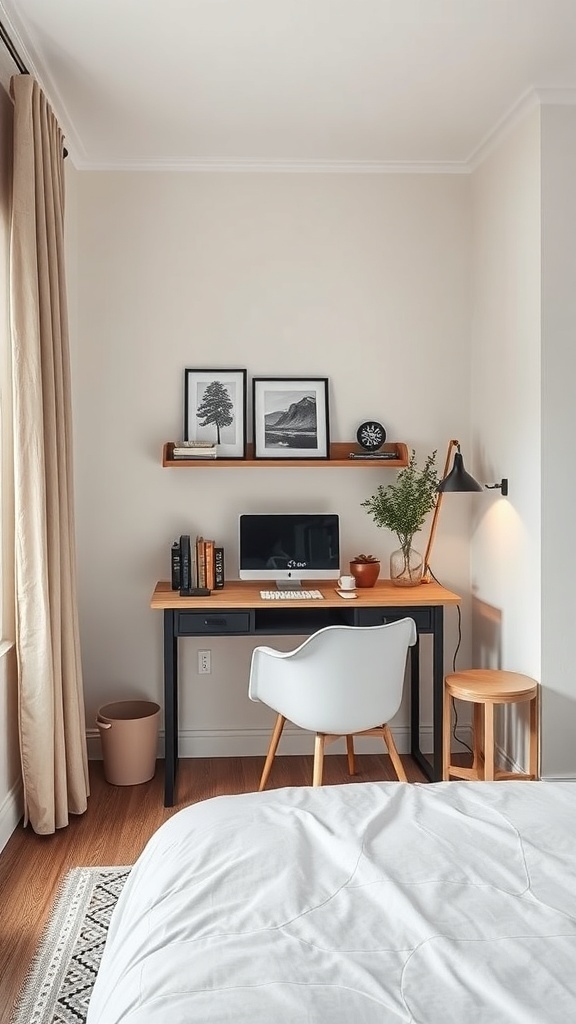 A small bedroom featuring a wall-mounted desk, a stylish chair, and decorative shelves.