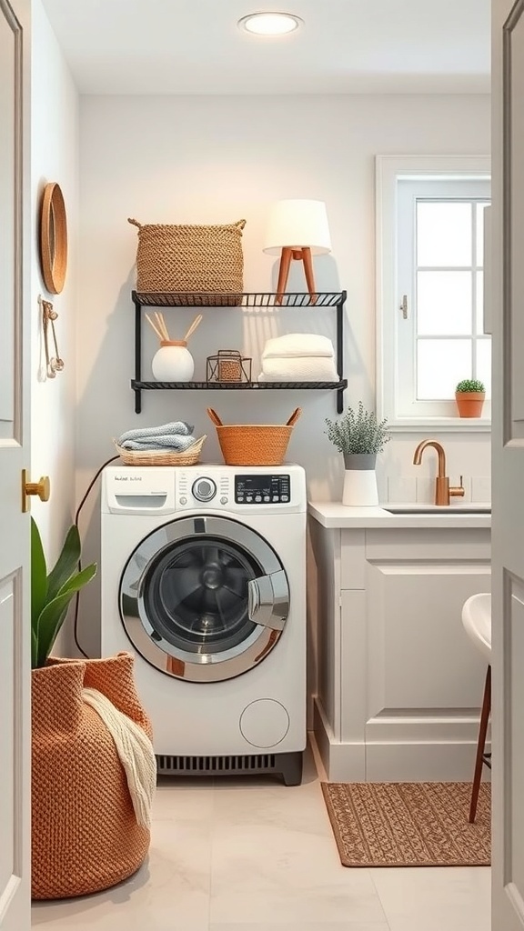 A small laundry room featuring a washing machine, wall-mounted drying rack, and decorative storage baskets.