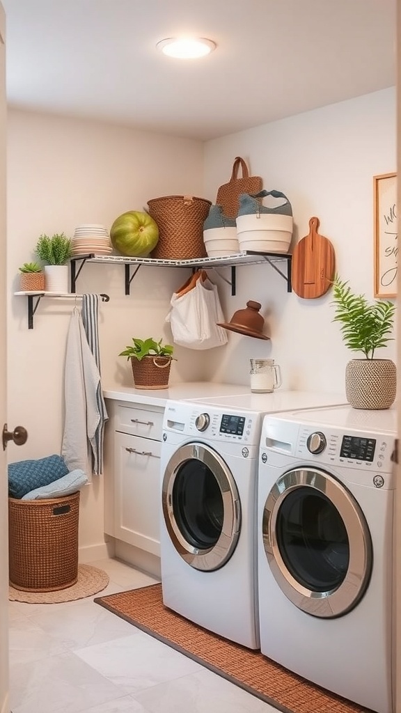 A modern basement laundry room with wall-mounted shelves, plants, and organized storage.
