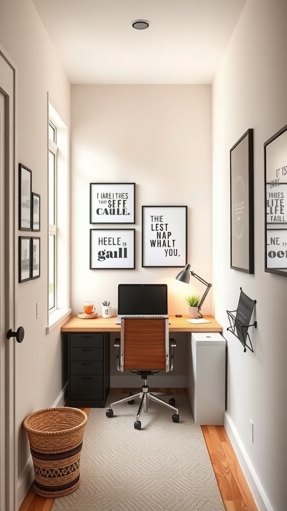 A narrow home office featuring a desk, computer, and motivational wall art.