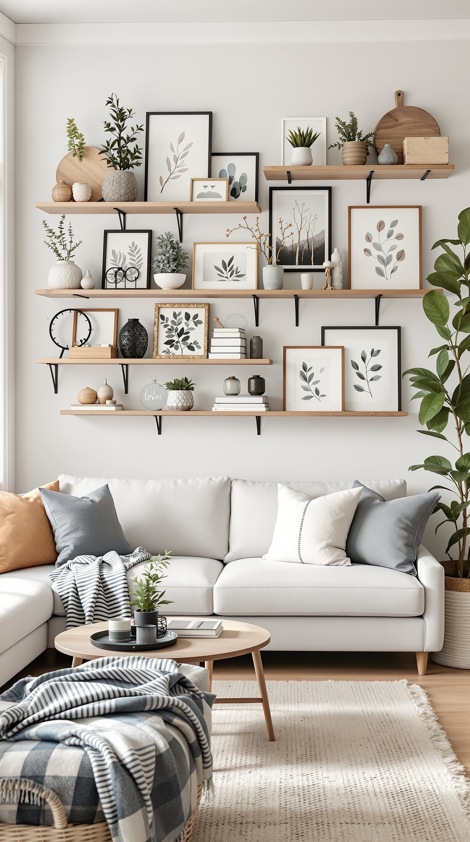A stylish family room featuring a cozy couch, a round coffee table, and creatively arranged wall shelves with plants and framed art.