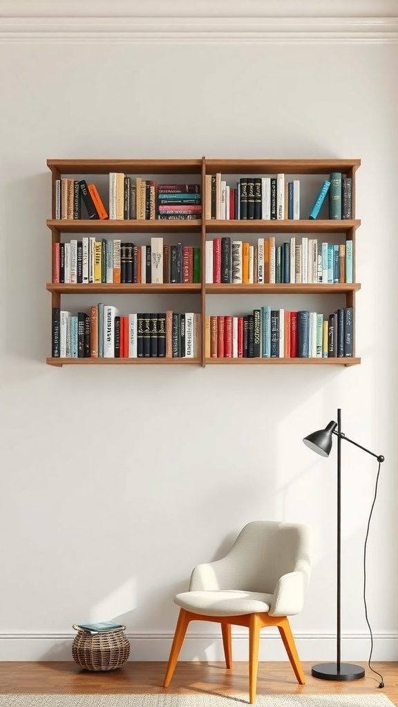 A cozy reading nook featuring a wall-mounted bookshelf filled with books, a comfortable chair, and a floor lamp.