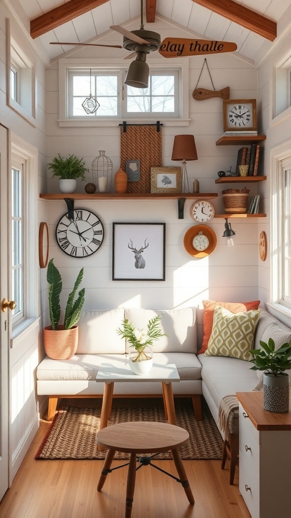 Cozy corner in a tiny house with wall decor, plants, and comfortable seating.