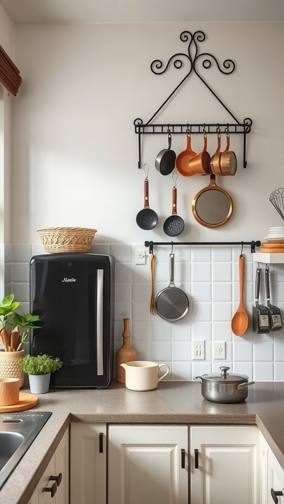 A small kitchen with a wall-mounted rack holding pots and pans, showcasing an organized and stylish cooking space.