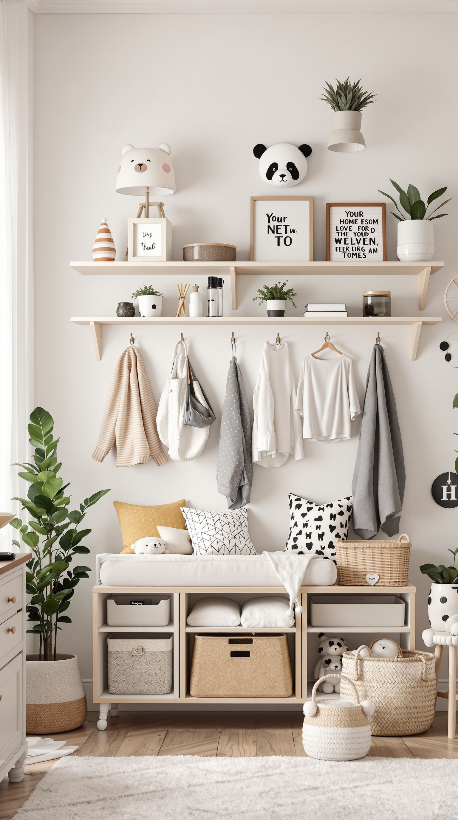 A well-organized kids room with wall shelves, hooks for clothes, and storage bins.