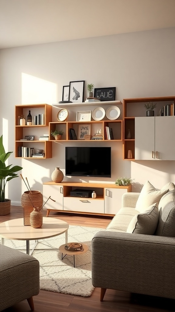 Cozy apartment living room with wall shelves and decorative items