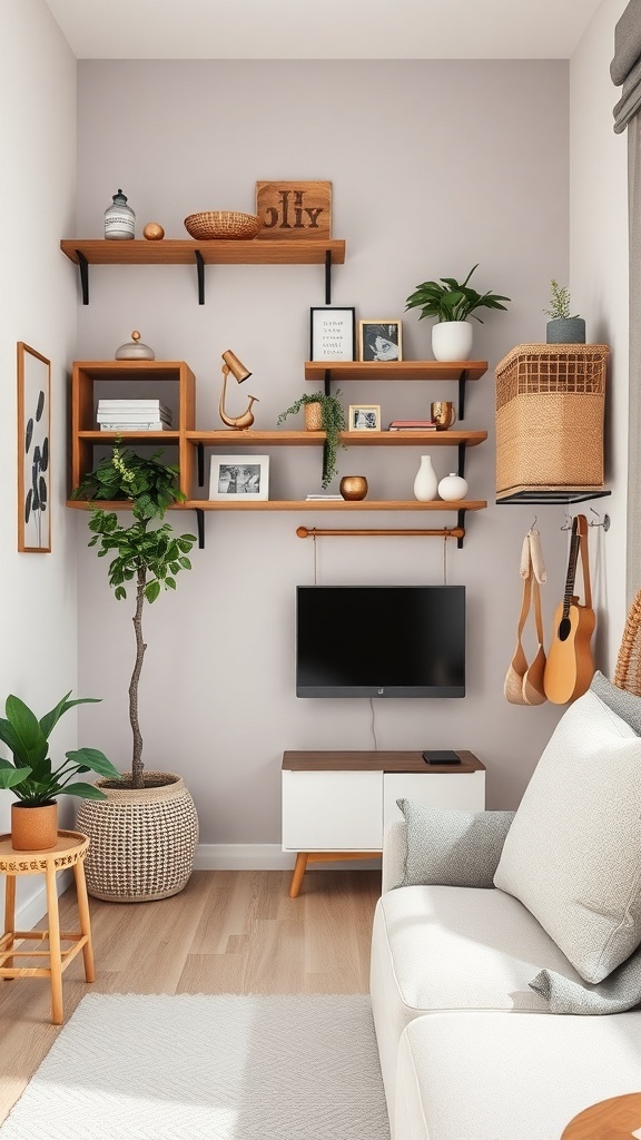 A well-organized tiny studio apartment with wall-mounted shelves displaying plants, books, and decorative items.
