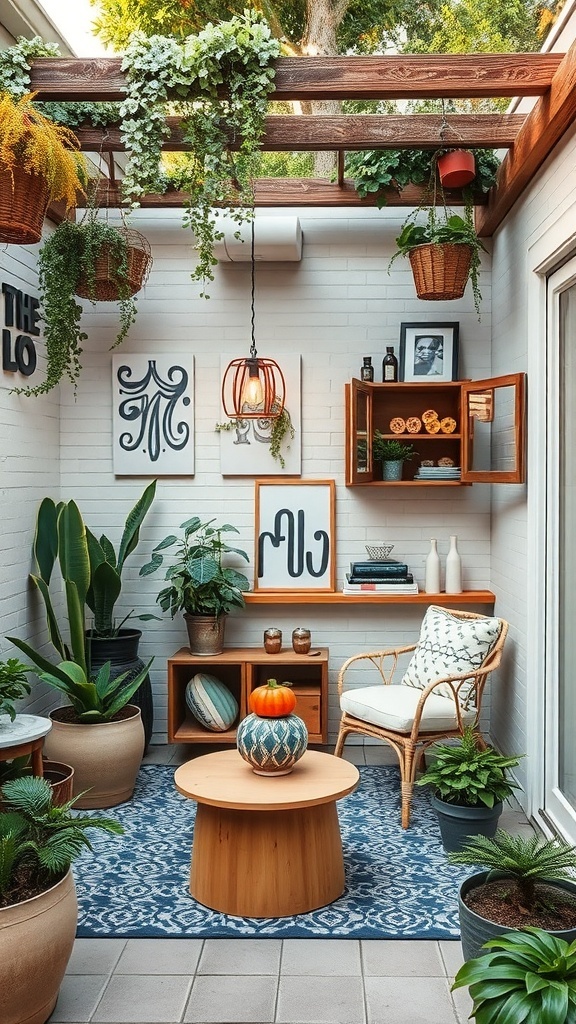 Cozy backyard corner with wall-mounted shelves, hanging plants, and a pendant light.